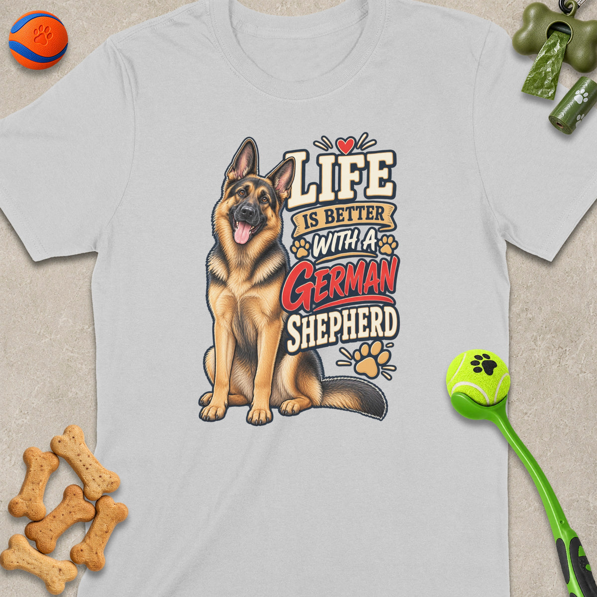 German Shepherd graphic with text "Life is Better With A German Shepherd" on a t-shirt.