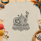 T-shirt with a Maine Coon cat graphic reaching for a butterfly, text reads "MAINE COON PLAYFUL BY NATURE".