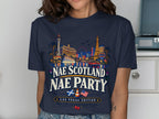 T-shirt with Las Vegas skyline and "Nae Scotland Nae Party" text.