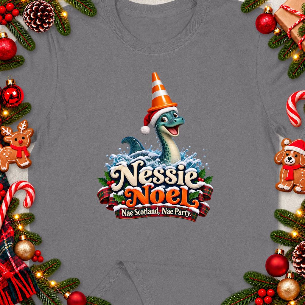 Nessie Noel with Loch Ness Monster, Santa hat, traffic cone, and text.