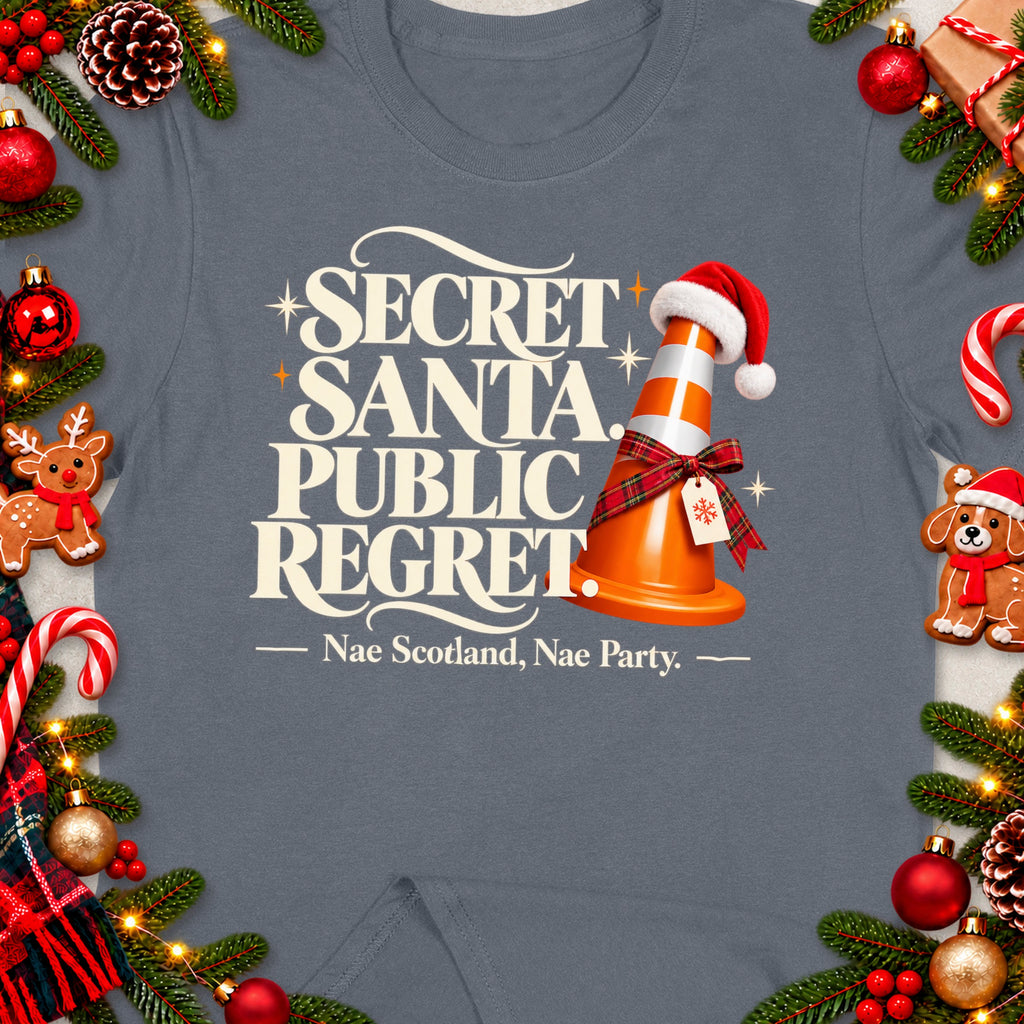 T-shirt with "Secret Santa Public Regret" text, traffic cone, and holiday decorations.