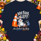 Cartoon rabbit sitting next to an orange cone, with text "Nae Eggs Left" and "Nae Scotland, Nae Party."