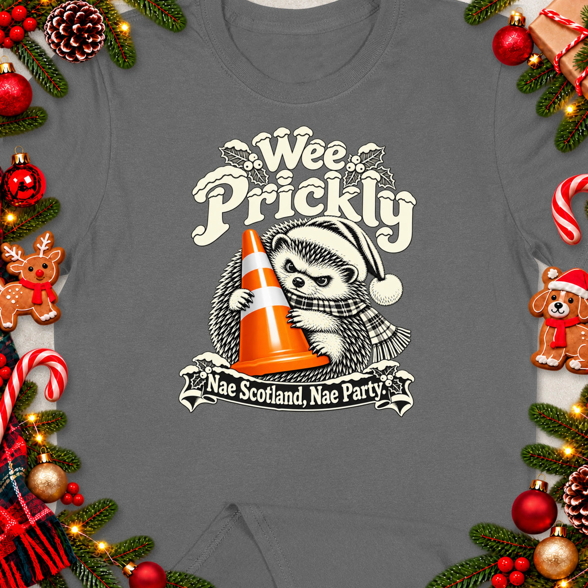 Hedgehog in Santa hat holding traffic cone, with text "Wee Prickly Nae Scotland, Nae Party."