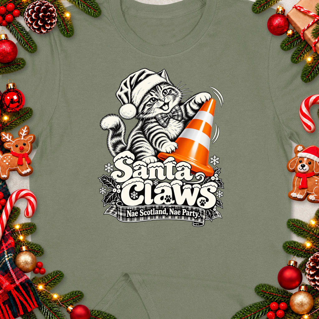T-shirt with "Santa Claws Nae Scotland, Nae Party" text and a festive cat graphic.