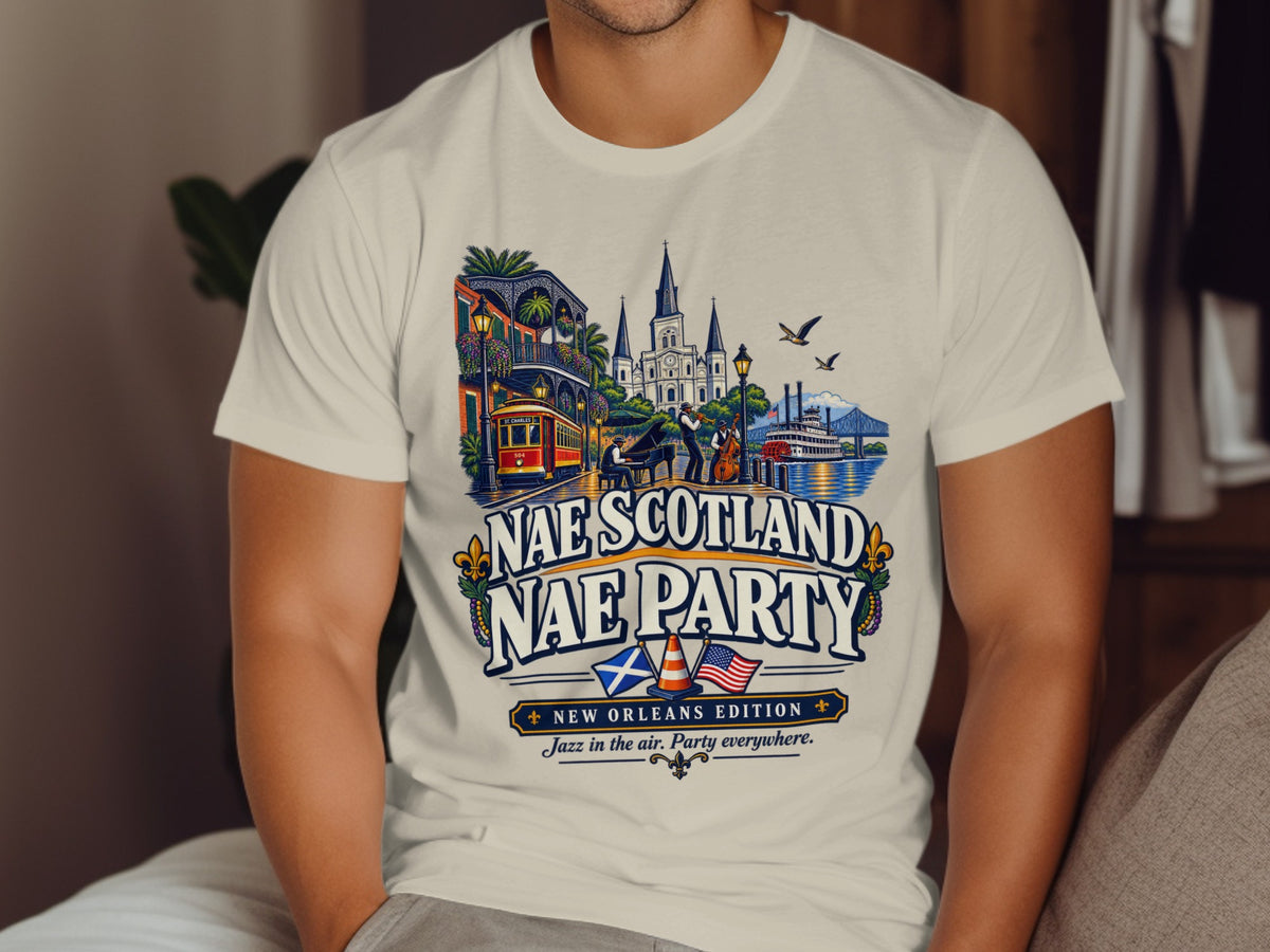 T-shirt with "Nae Scotland Nae Party New Orleans Edition" text and jazz band scene.