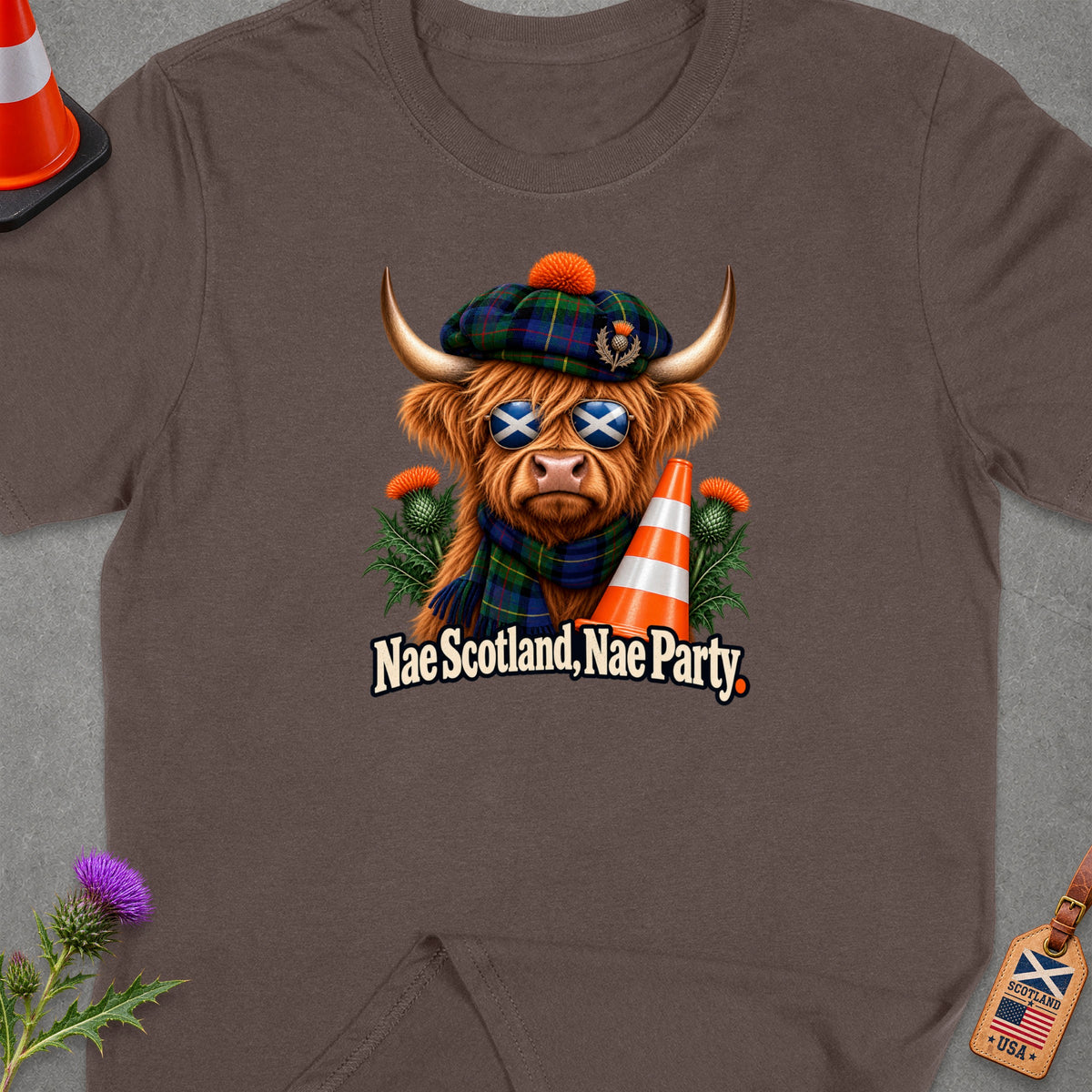 Highland cow wearing Scottish hat, sunglasses, and scarf, with text "Nae Scotland, Nae Party".