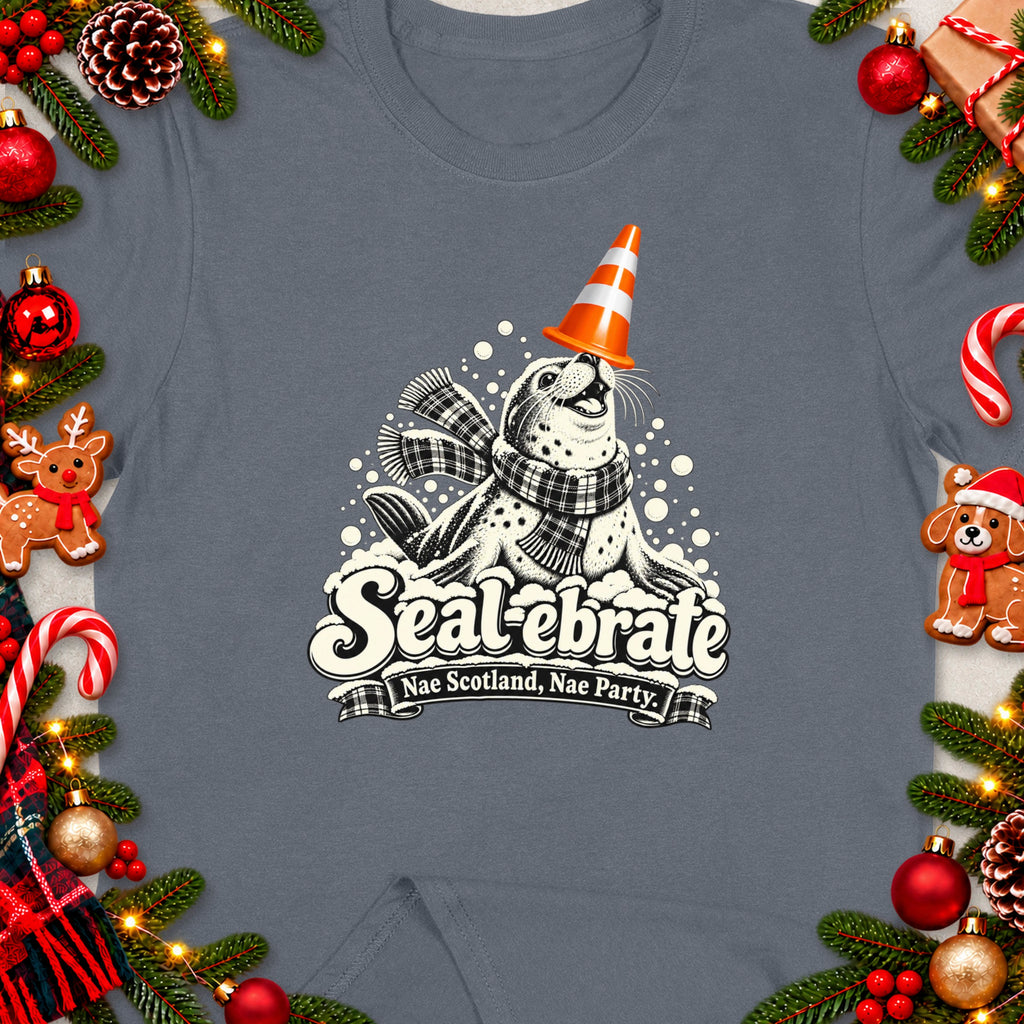 Seal wearing scarf and cone hat with text "Seal-ebrate Nae Scotland, Nae Party".