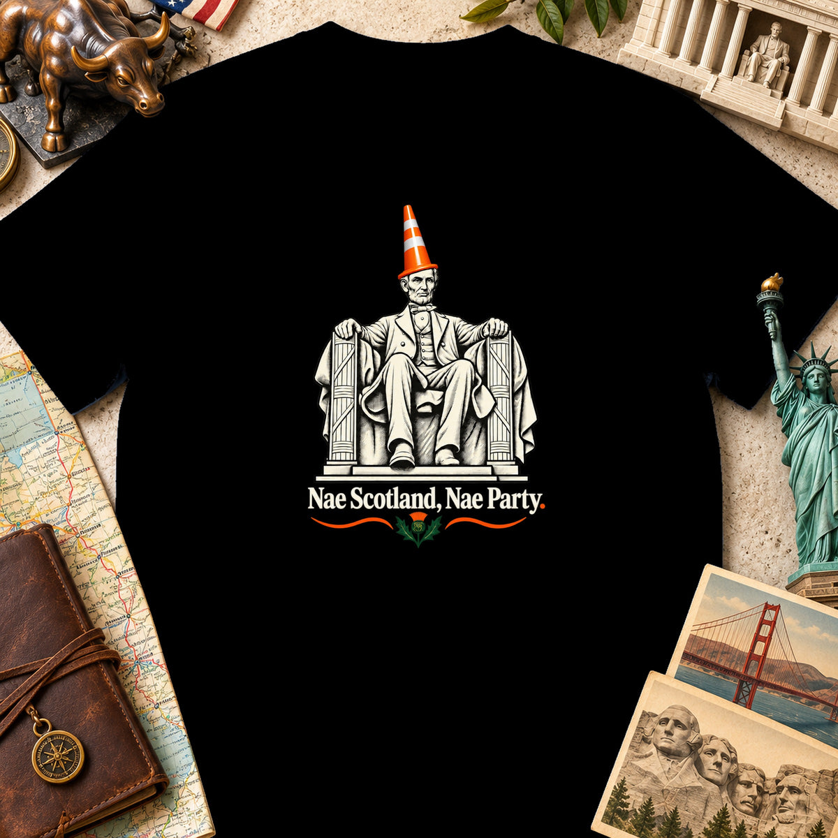 Black t-shirt featuring a graphic of the Lincoln Memorial statue wearing a traffic cone with the text Nae Scotland, Nae Party.