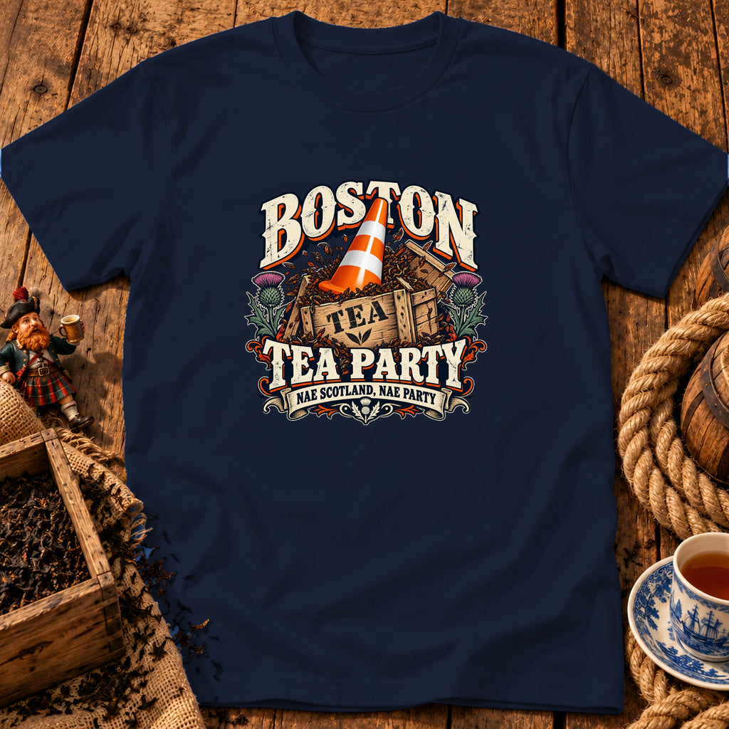A dark blue t-shirt printed with a Boston Tea Party design featuring a traffic cone.