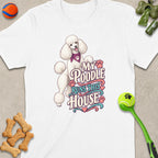White t-shirt with poodle graphic and text "My Poodle Runs This House".