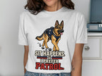 German Shepherd with K9 vest and text "Sit Happens. I Prefer Patrol."