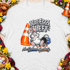 Cartoon rabbit with chocolate crumbs and text "Nae Eggs Left".