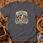 Charcoal t-shirt featuring a graphic of a traffic cone in a teacup and text reading BOSTON TEA PARTY NAE SCOTLAND NAE PARTY.