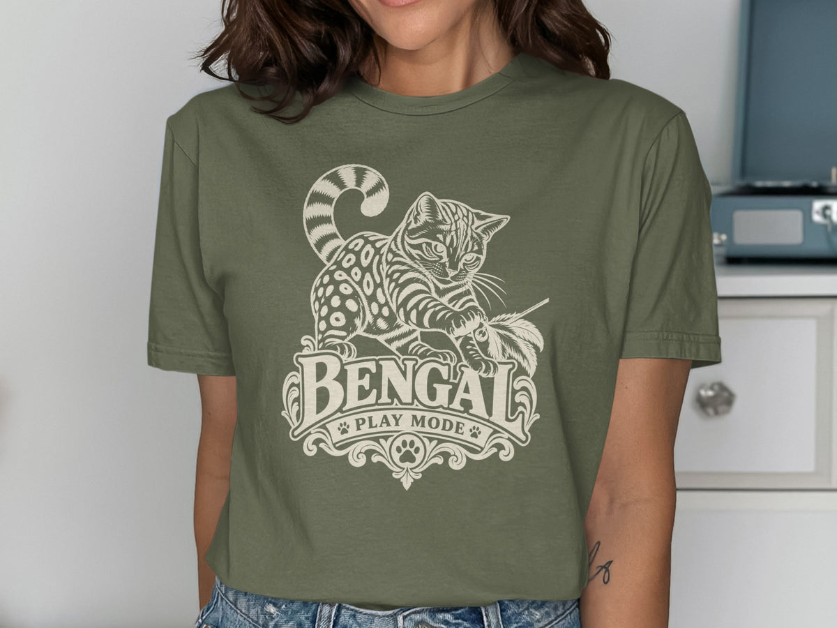 Bengal cat graphic with "Bengal Play Mode" text on a green t-shirt.
