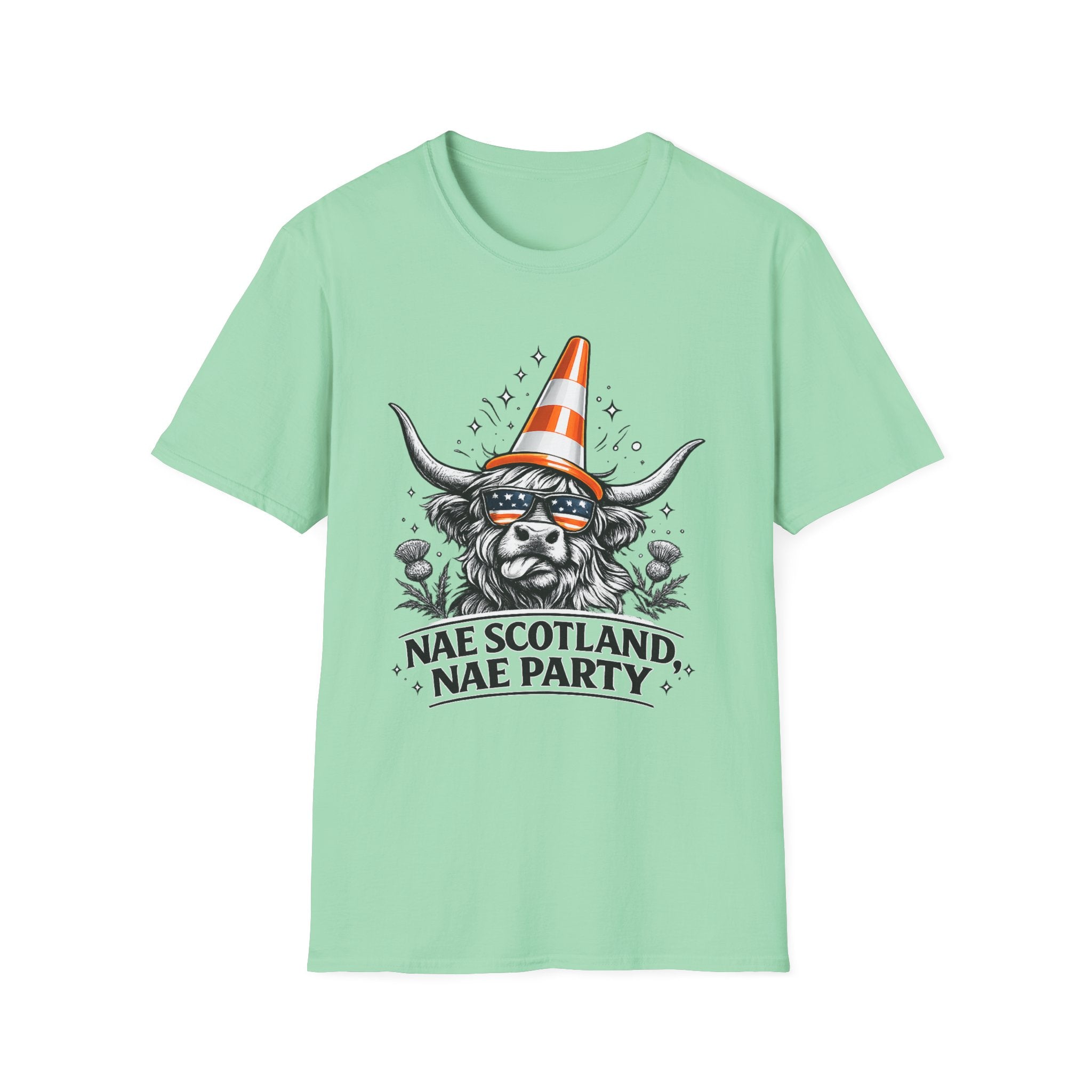 Nae Scotland, Nae Party – Highland Cow Cone T-Shirt
