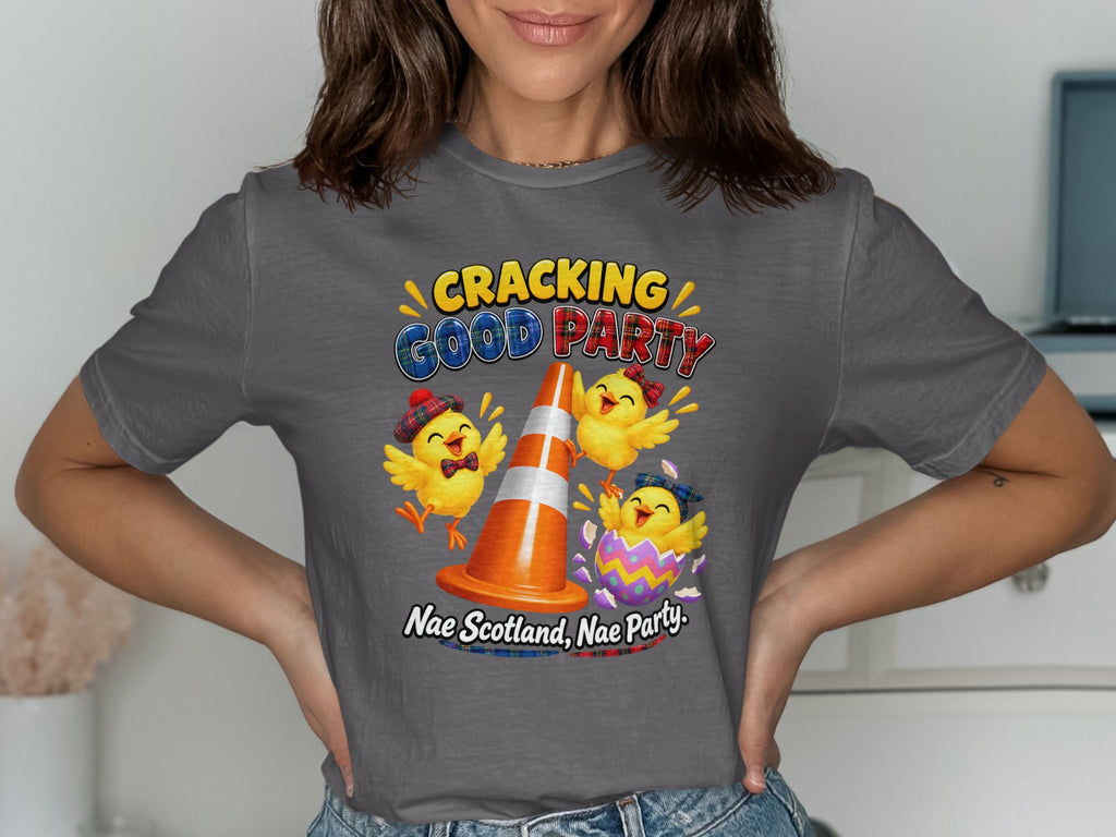 Three chicks celebrate with a traffic cone and egg, with text "Cracking Good Party Nae Scotland, Nae Party."