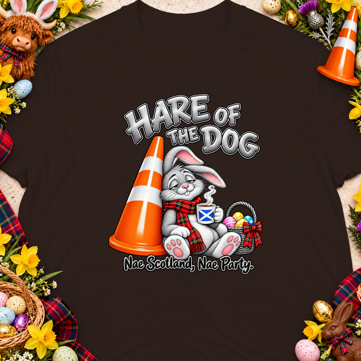 Cartoon rabbit with mug and Easter basket, text "Hare of the Dog" and "Nae Scotland, Nae Party."