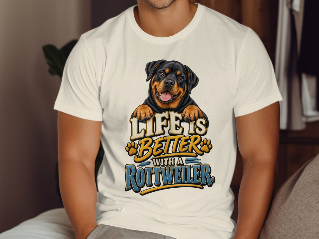 White t-shirt with a Rottweiler graphic and the text "LIFE IS BETTER WITH A ROTTWEILER."