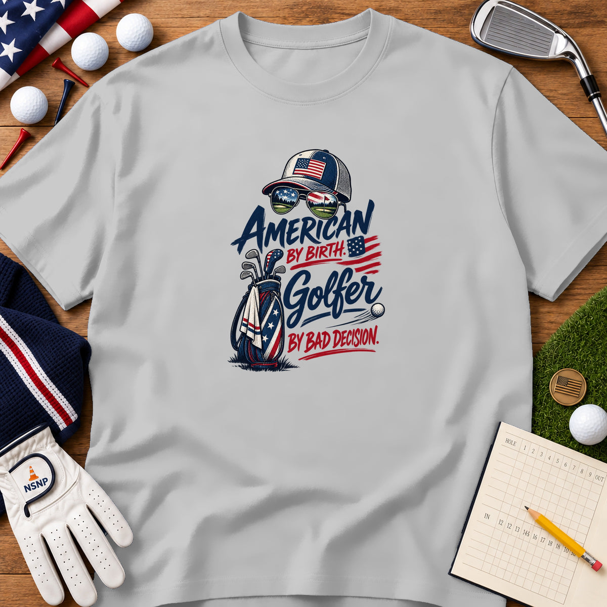 Light gray t-shirt featuring a patriotic golf graphic and text that reads American by Birth Golfer by Bad Decision.