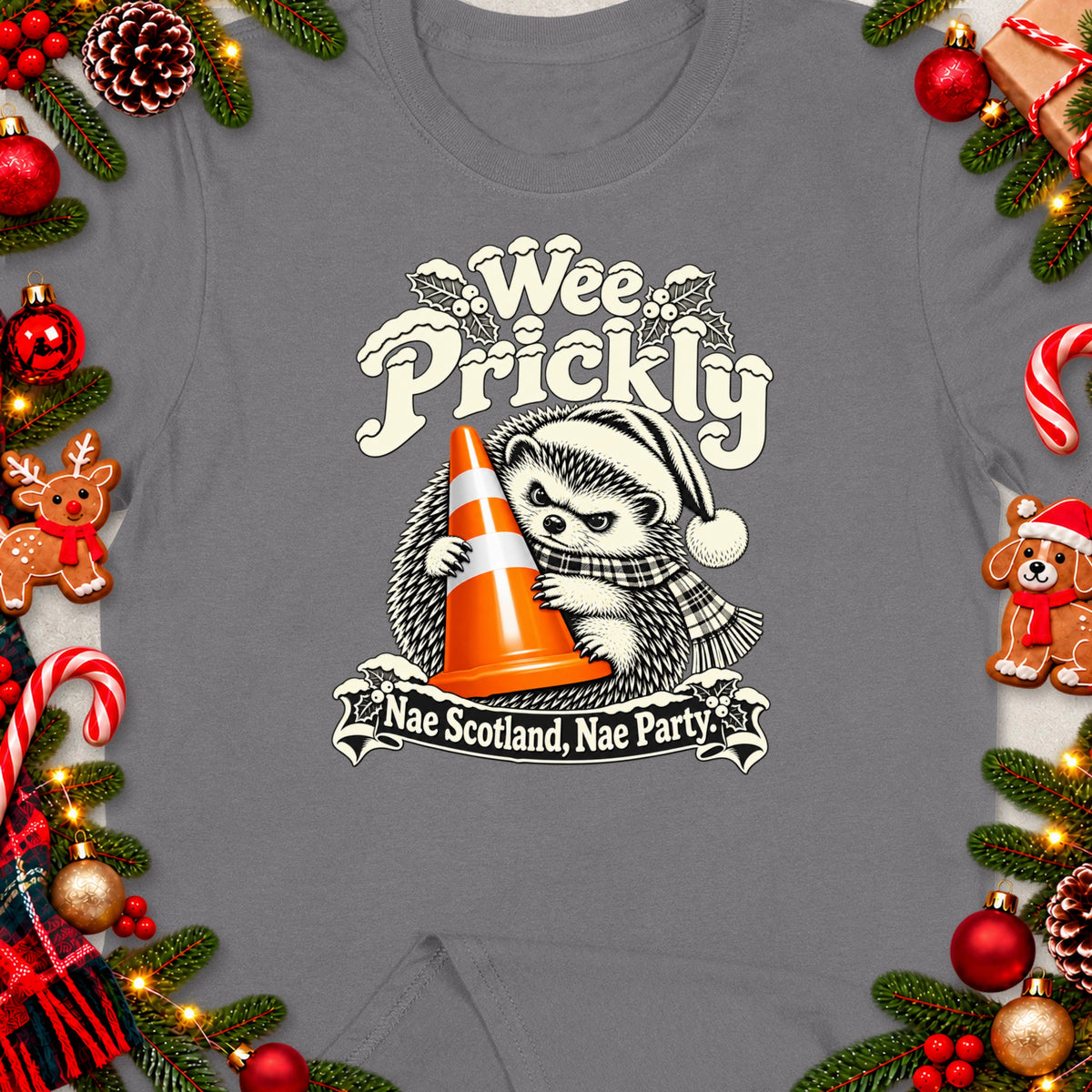 Hedgehog wearing a Santa hat holding an orange cone with text "Wee Prickly Nae Scotland, Nae Party".