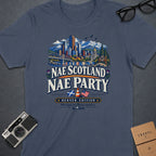 T-shirt with "Nae Scotland Nae Party Denver Edition" text and Denver skyline illustration.