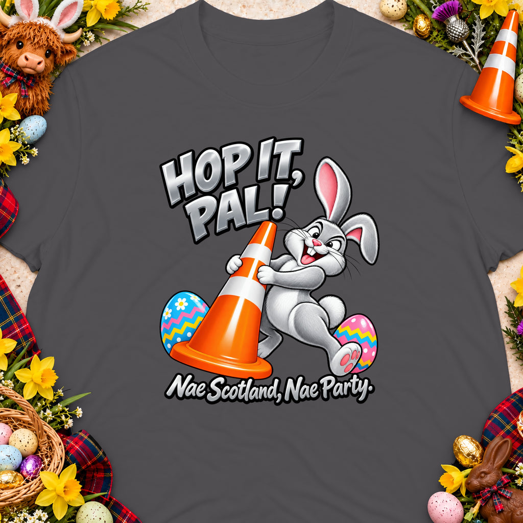 Cartoon bunny holding traffic cone with text "Hop It, Pal!" and "Nae Scotland, Nae Party."