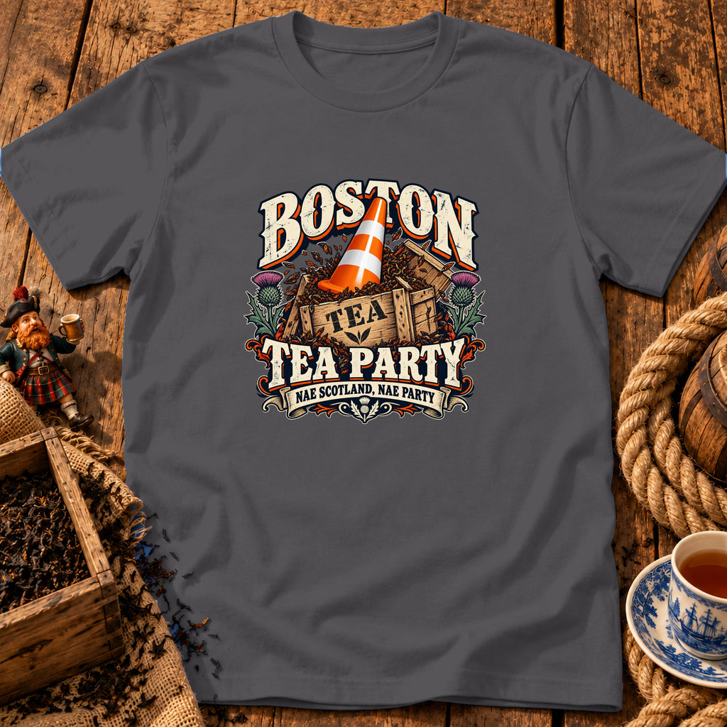 Dark gray t-shirt featuring a graphic with a traffic cone in tea and text reading Boston Tea Party.