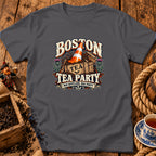 Dark gray t-shirt featuring a graphic with a traffic cone in tea and text reading Boston Tea Party.