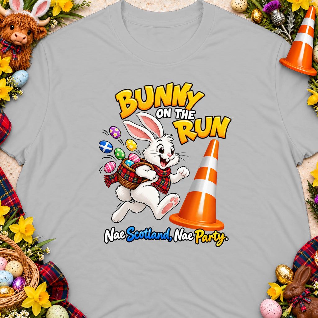 Cartoon bunny with basket runs past a traffic cone, text says "Bunny on the Run".