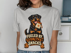Rottweiler with snack bag and text "Fueled by Loyalty & Snacks".
