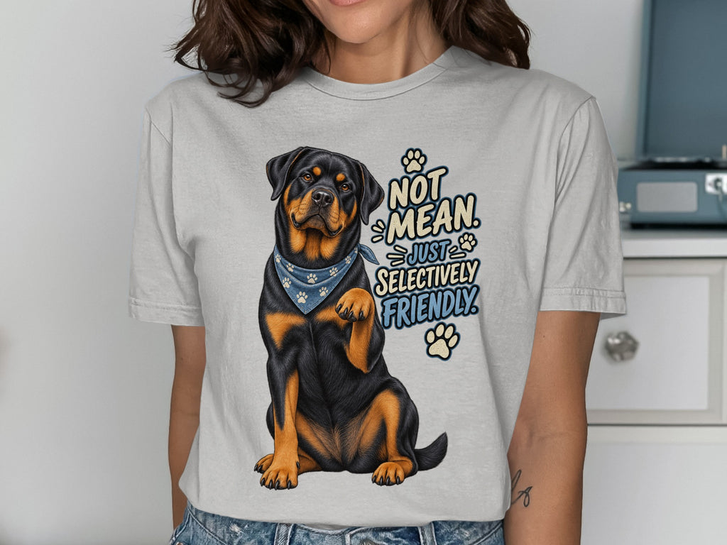 Rottweiler with bandana reads "Not Mean. Just Selectively Friendly."