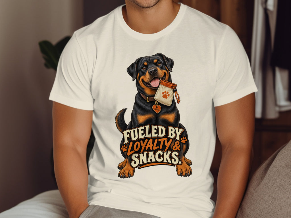 Rottweiler with treat bag and text "Fueled by Loyalty & Snacks".
