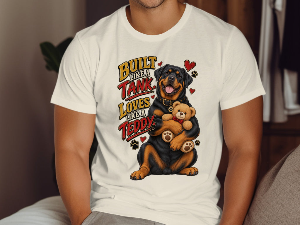 Rottweiler hugging teddy bear with text "Built like a Tank Loves like a Teddy".