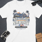 White t-shirt with Los Angeles skyline and "Nae Scotland Nae Party" text.