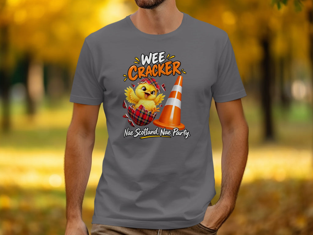 Graphic tee with a chick hatching from a tartan egg next to an orange traffic cone.