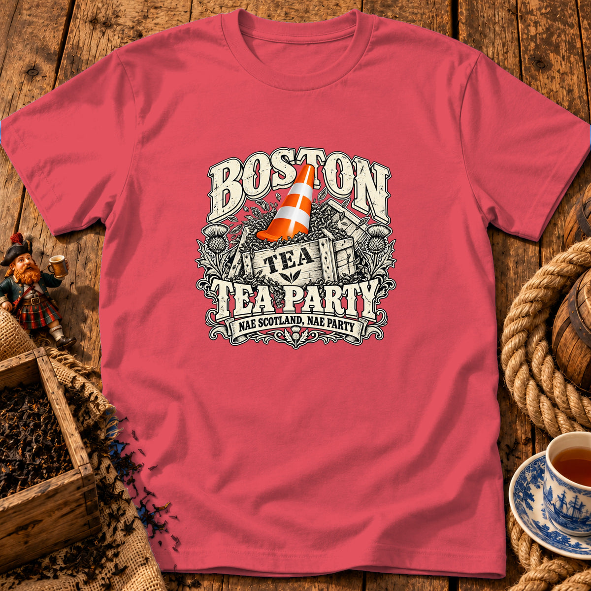 A coral-pink crewneck t-shirt featuring a graphic with a traffic cone in a tea crate and text reading Boston Tea Party, Nae Scotland, Nae Party.