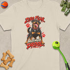 Rottweiler graphic with "ZERO FEAR MAXIMUM DROOL" text on a light t-shirt.