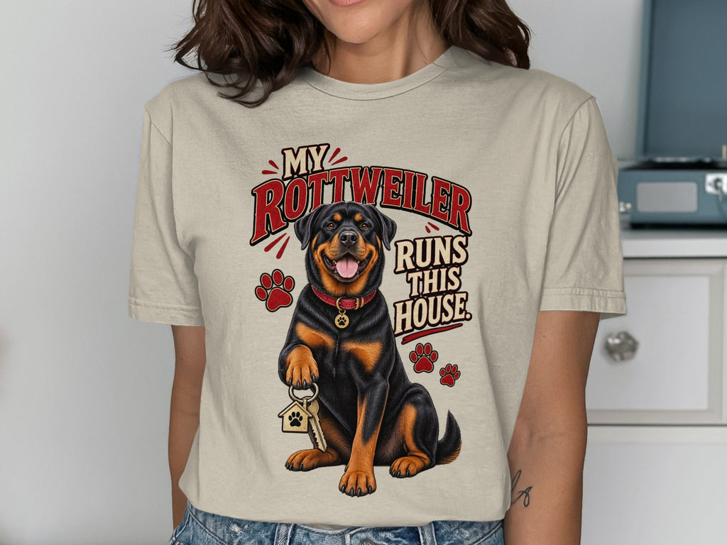 Rottweiler with keys and paw prints, saying "My Rottweiler Runs This House."