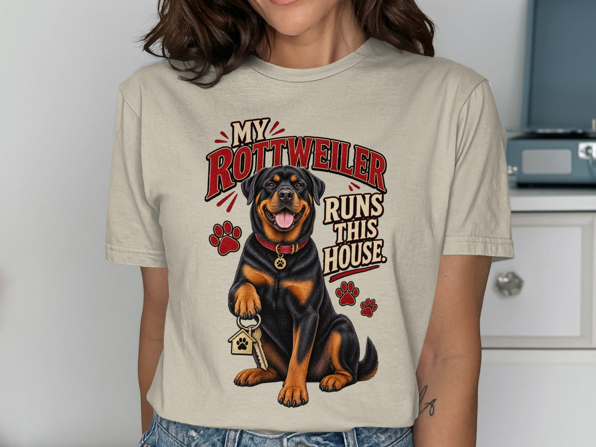 Rottweiler with keys and paw prints, saying "My Rottweiler Runs This House."