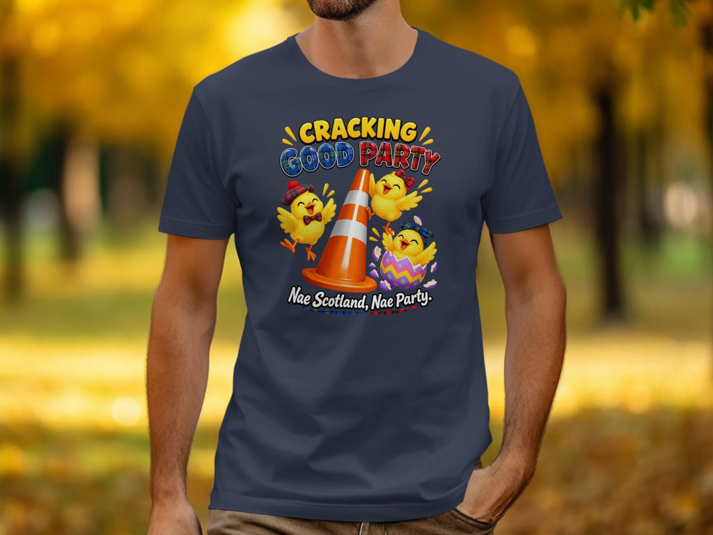 Three cartoon chicks celebrate around a traffic cone with text "Cracking Good Party".
