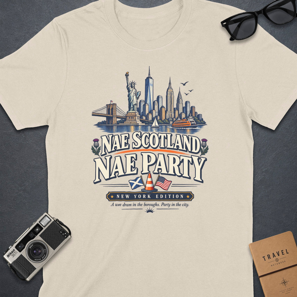 T-shirt with New York skyline and "Nae Scotland Nae Party" text.