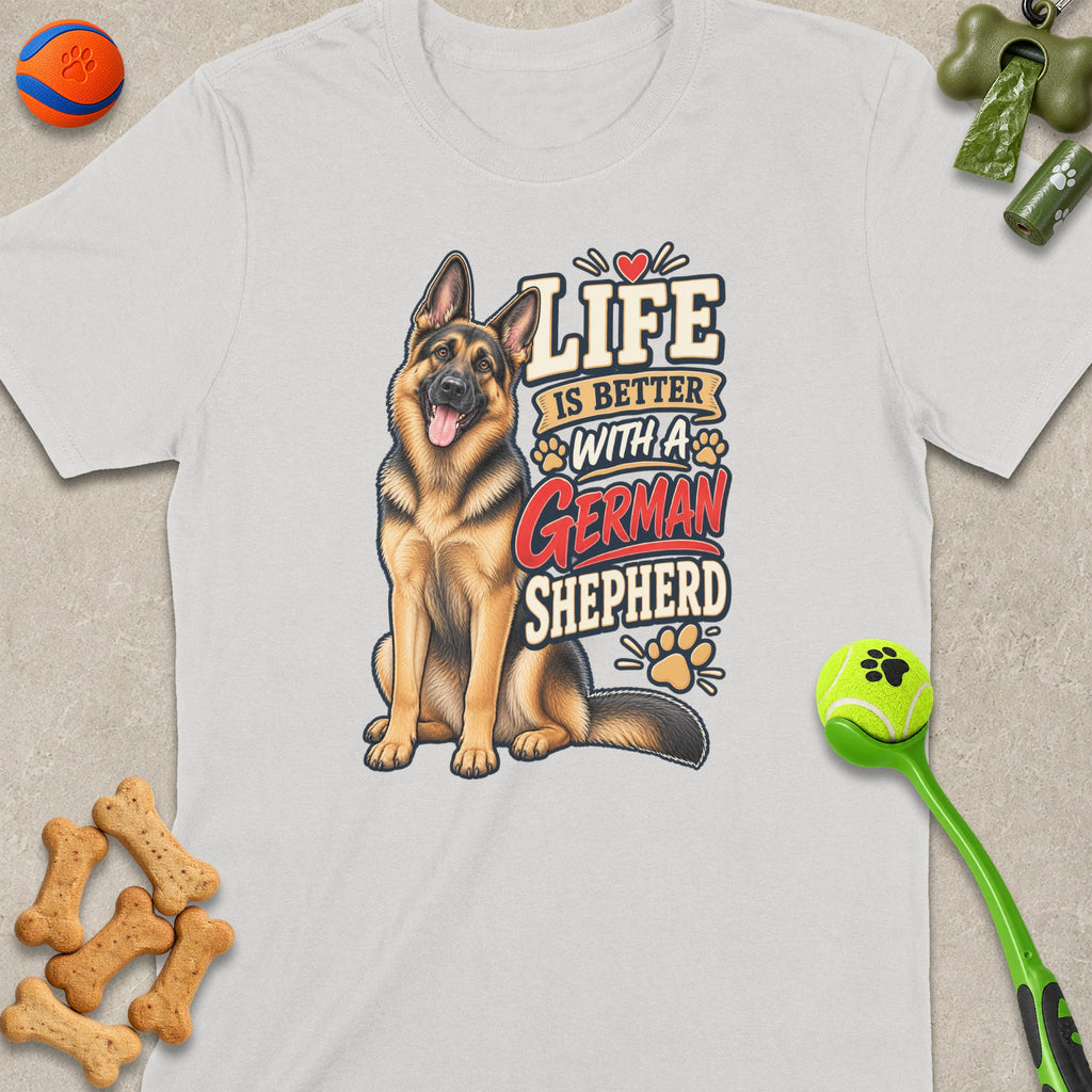 German Shepherd graphic with "Life is Better With A German Shepherd" text on white t-shirt.