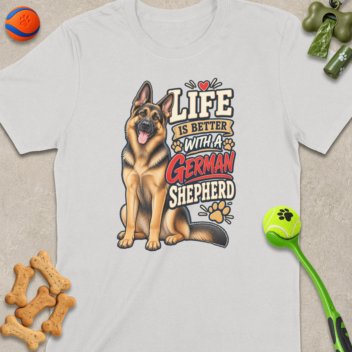 German Shepherd graphic with "Life is Better With A German Shepherd" text on white t-shirt.
