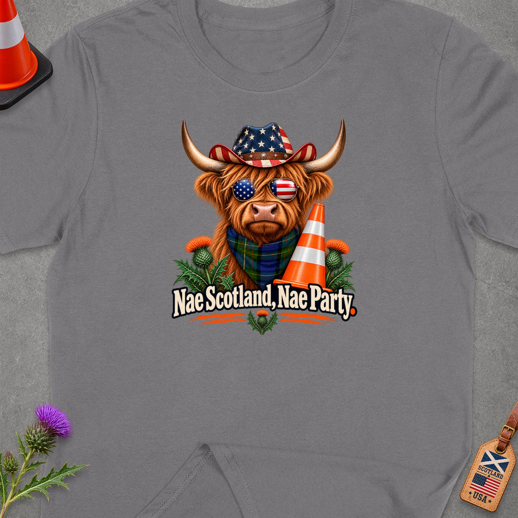 Highland cow in cowboy hat with American flag sunglasses, text "Nae Scotland, Nae Party".