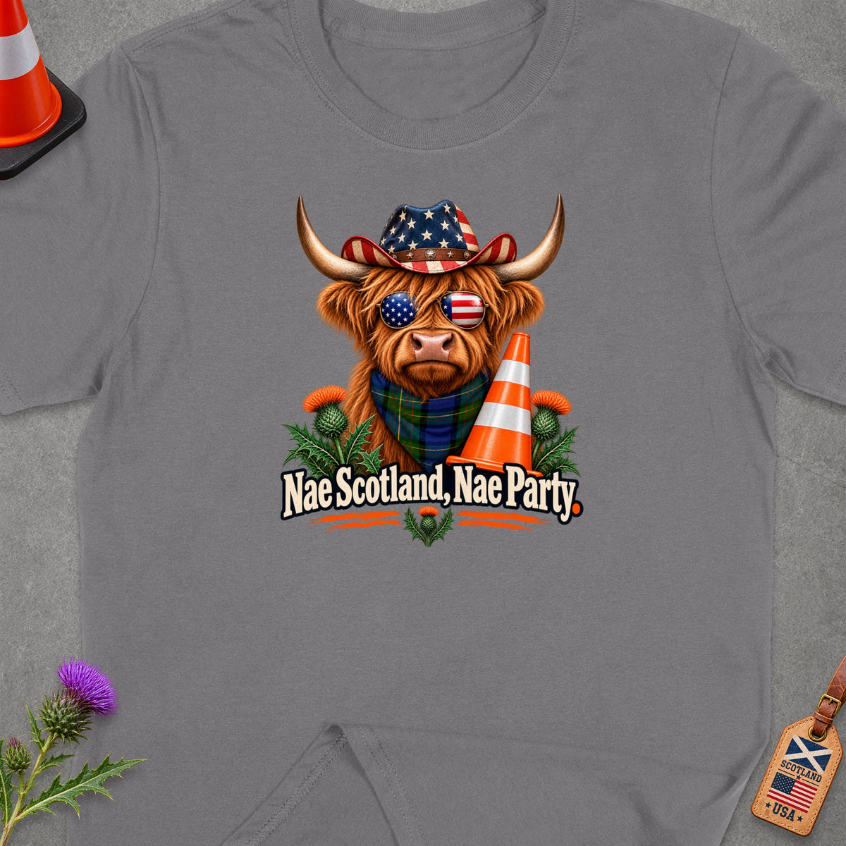 Highland cow in cowboy hat with American flag sunglasses, text "Nae Scotland, Nae Party".