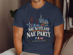 T-shirt with San Francisco skyline, Golden Gate Bridge, cable car, and text "Nae Scotland Nae Party".