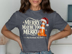 Dark grey t-shirt with "Merry Maybe Too Merry" text, traffic cone, and whisky.