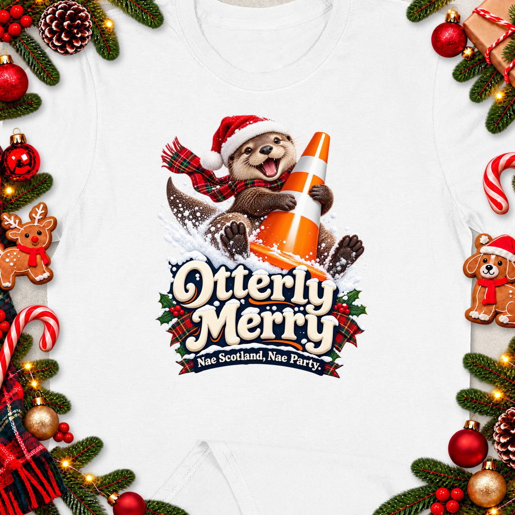 Christmas otter wearing Santa hat and scarf, holding traffic cone. Text: Otterly Merry.