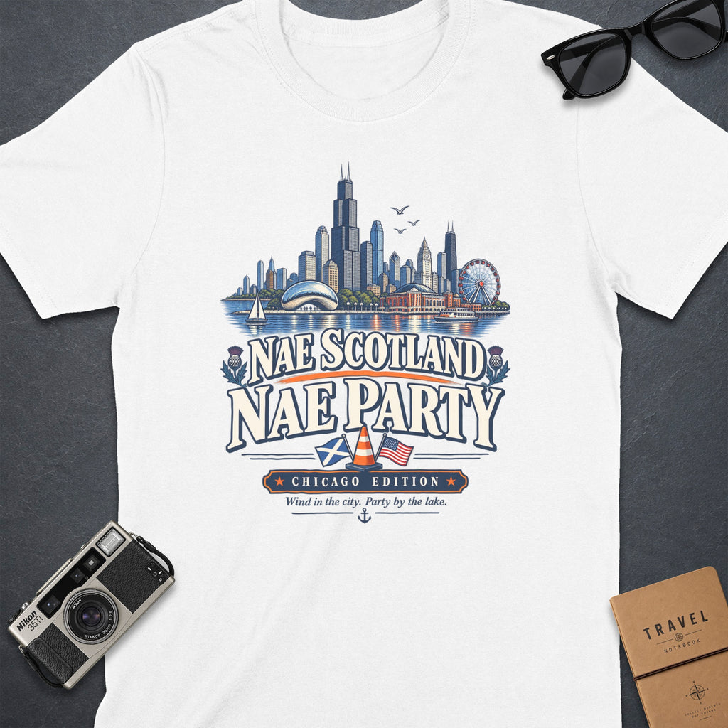 White t-shirt with Chicago skyline graphic and text "Nae Scotland Nae Party".