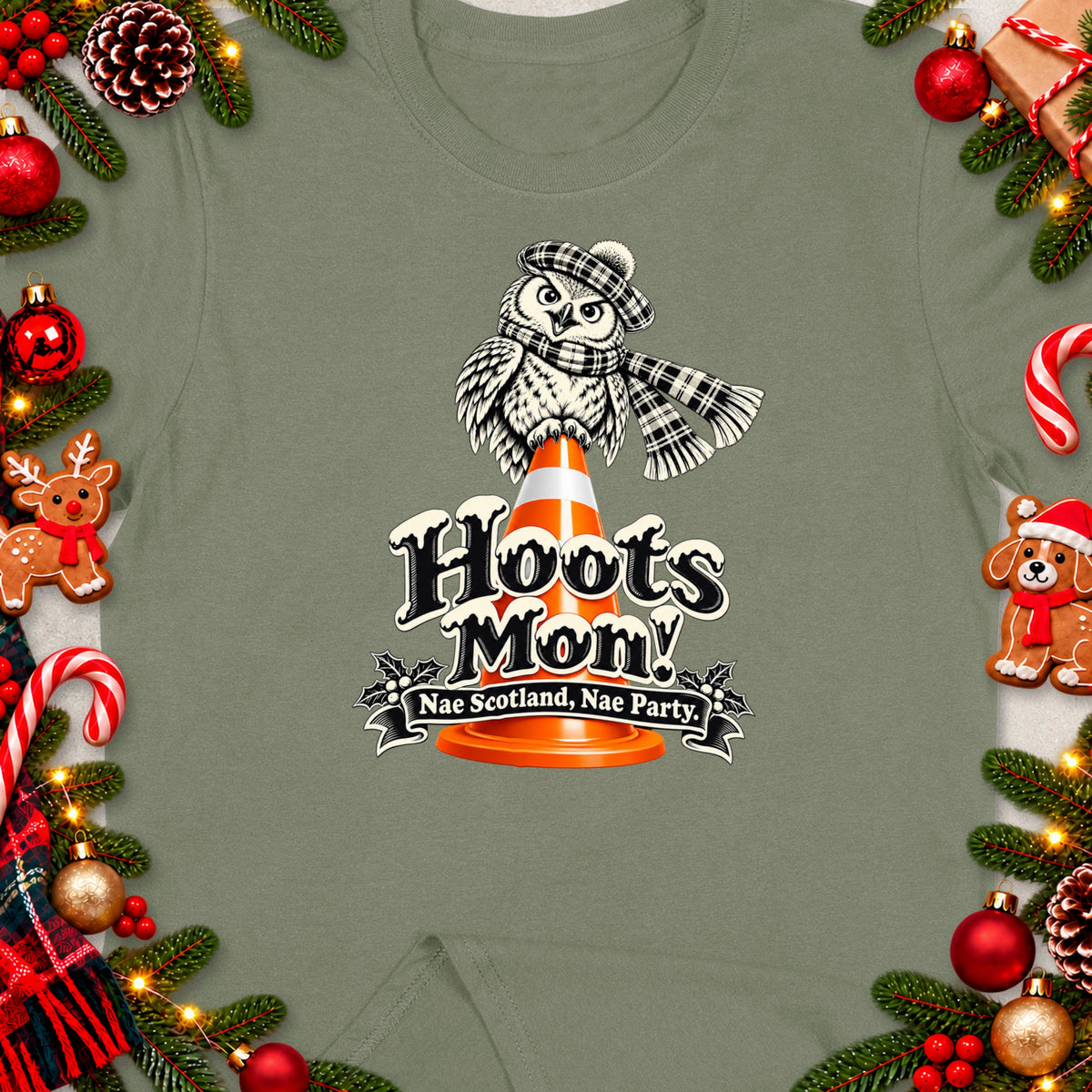 Owl wearing tartan on cone, text "Hoots Mon! Nae Scotland, Nae Party."